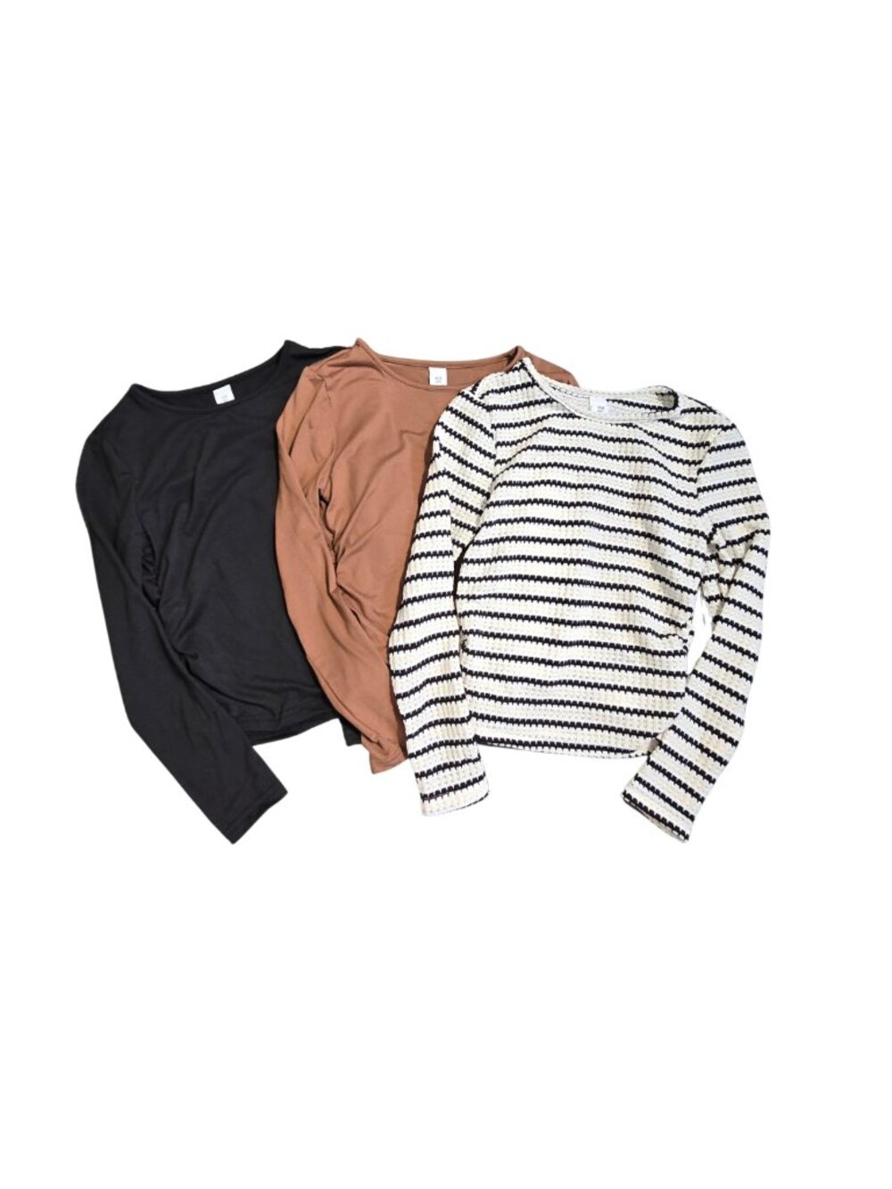 NWOT Girls Side Ruched Long Sleeve Crew Neck Tops 3 Pack Set Black Brown Stripe